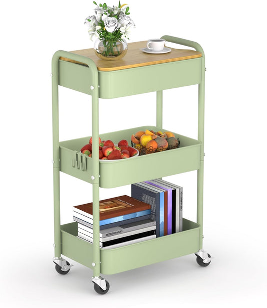 3 Tier Metal Utility Cart, Rolling Storage Cart with Wooden Tabletop, Metal Organizer Cart with Lockable Wheels for Office, Bedroom, Kitchen and Living Room (Green)