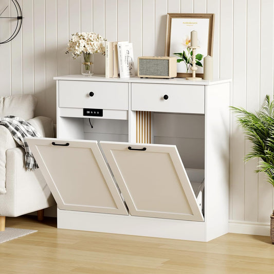 Double Tilt Out Trash Can Cabinet, 2 x 10 Gallon Wooden Trash Bin Cabinet with 2 Hideaway Drawers & Deodorizer, Freestanding Hidden Garbage Can Storage for Kitchen, Dining, Living Room, Pet-Proof Desi