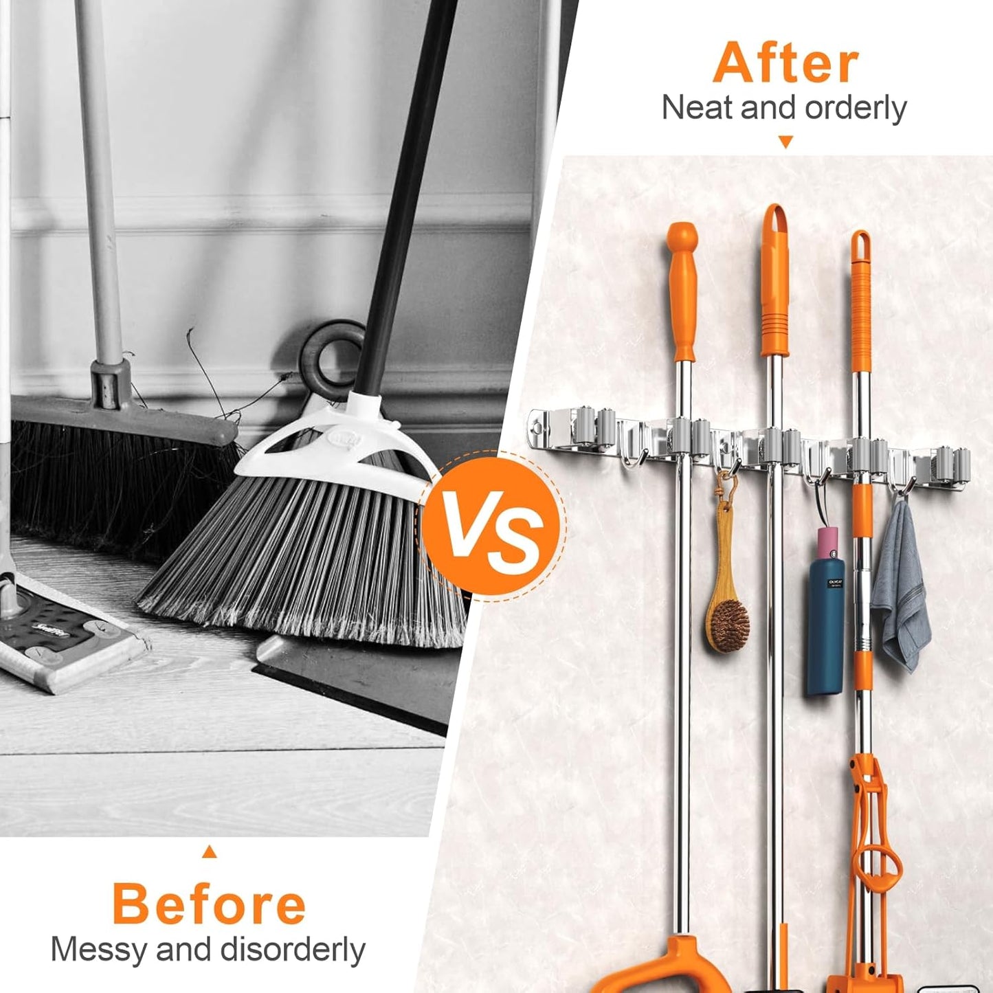 2 Pack Mop and Broom Holder Wall Mount, Non-slip Broom Hanger Wall Mount, Heavy Duty Mop Broom Organizer for Kitchen Garden Garage Laundry Room Wall Decor Organization and Storage Silver 5R4H