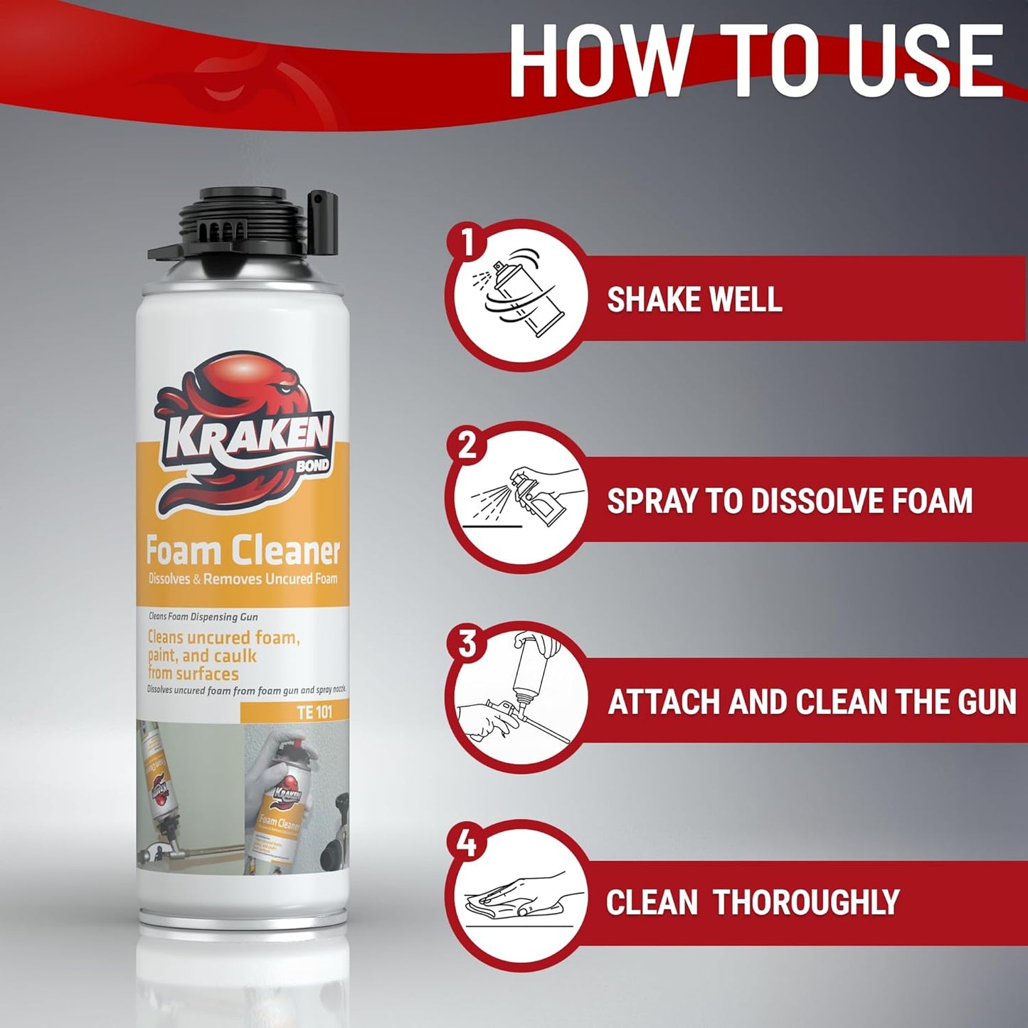 Kraken Bond Spray Foam Gun Cleaner - (2x12.3oz) Polyurethane Insulation Cleaner Spray, Dissolves Uncured Expanding Cleaner Spray for Extended Tool Durability - 2 Pack
