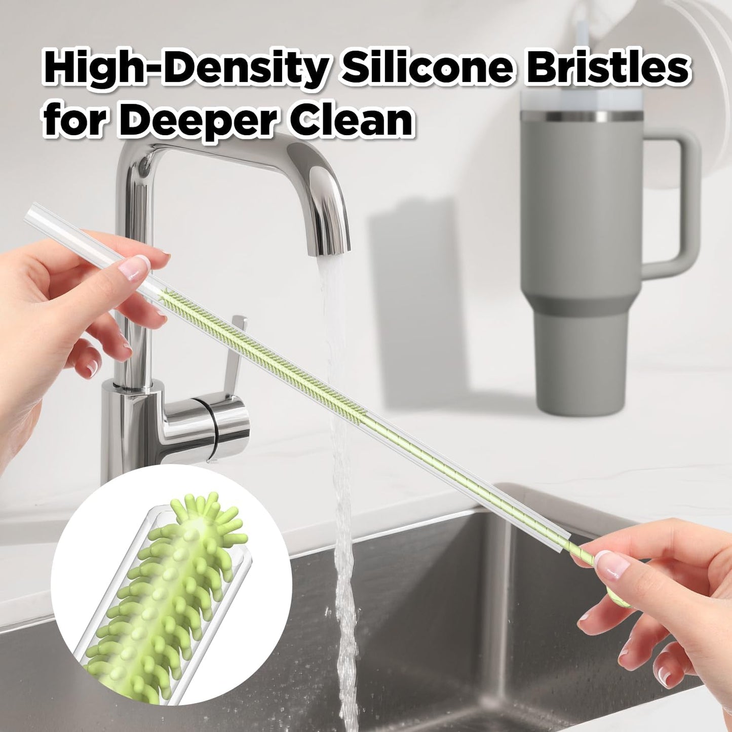 2 Pcs Silicone Straw Cleaner Brush, Extra Long Cleaning Brushes for Straws, 6mm&9mm, Green