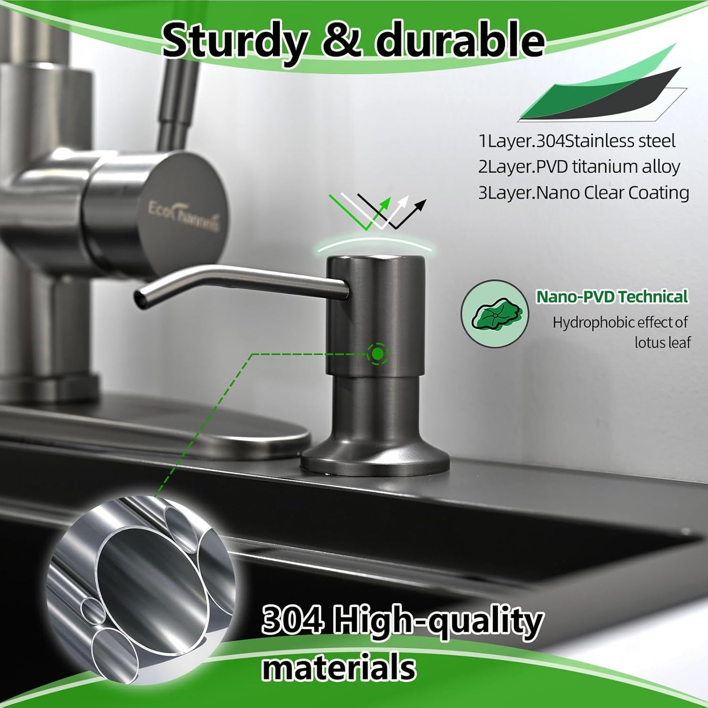 Built in Soap Dispenser for Kitchen Sink, Stainless Steel Gun Gery Countertop Pump Head, Dish Soap Hand Lotion Dispenser with Refillable 17oz Bottle