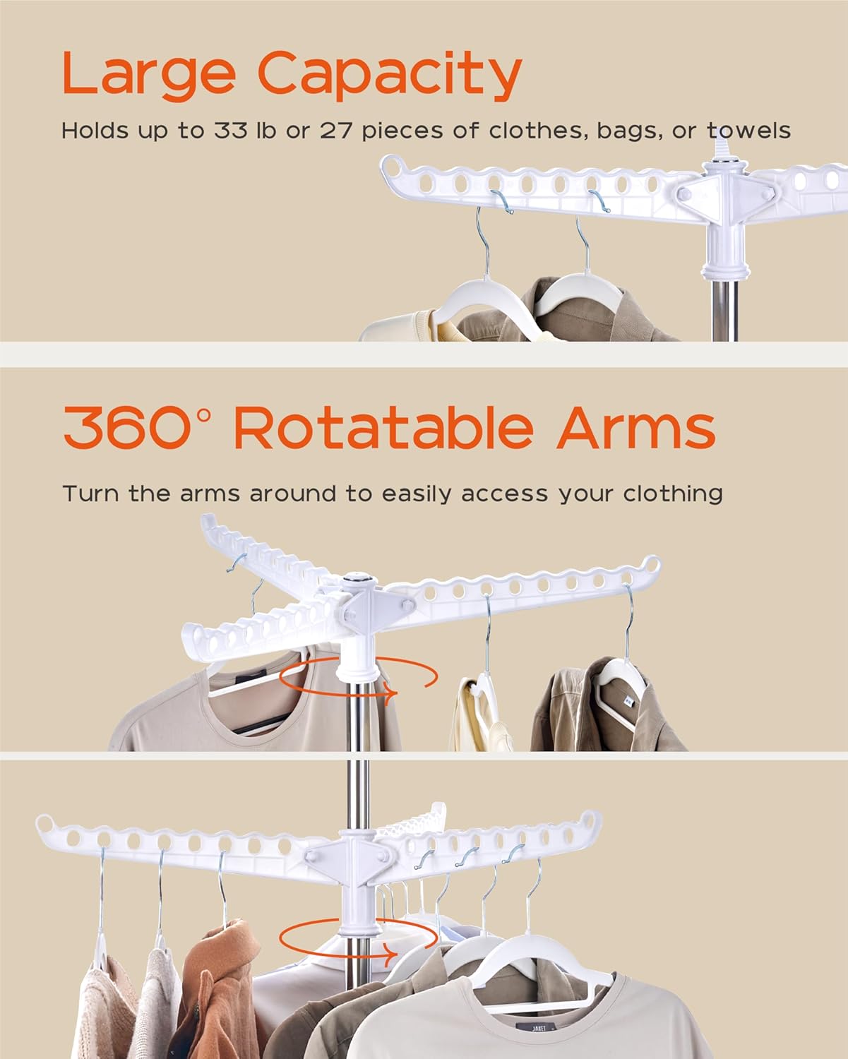 Clothes Drying Rack Foldable, 74.8 inch 2 Tier Laundry Drying Rack with Rotating Clothes Rail for 54 Pieces of Clothes, Space Saving, Indoor, Stainless Steel, White and Silver CDR002W01