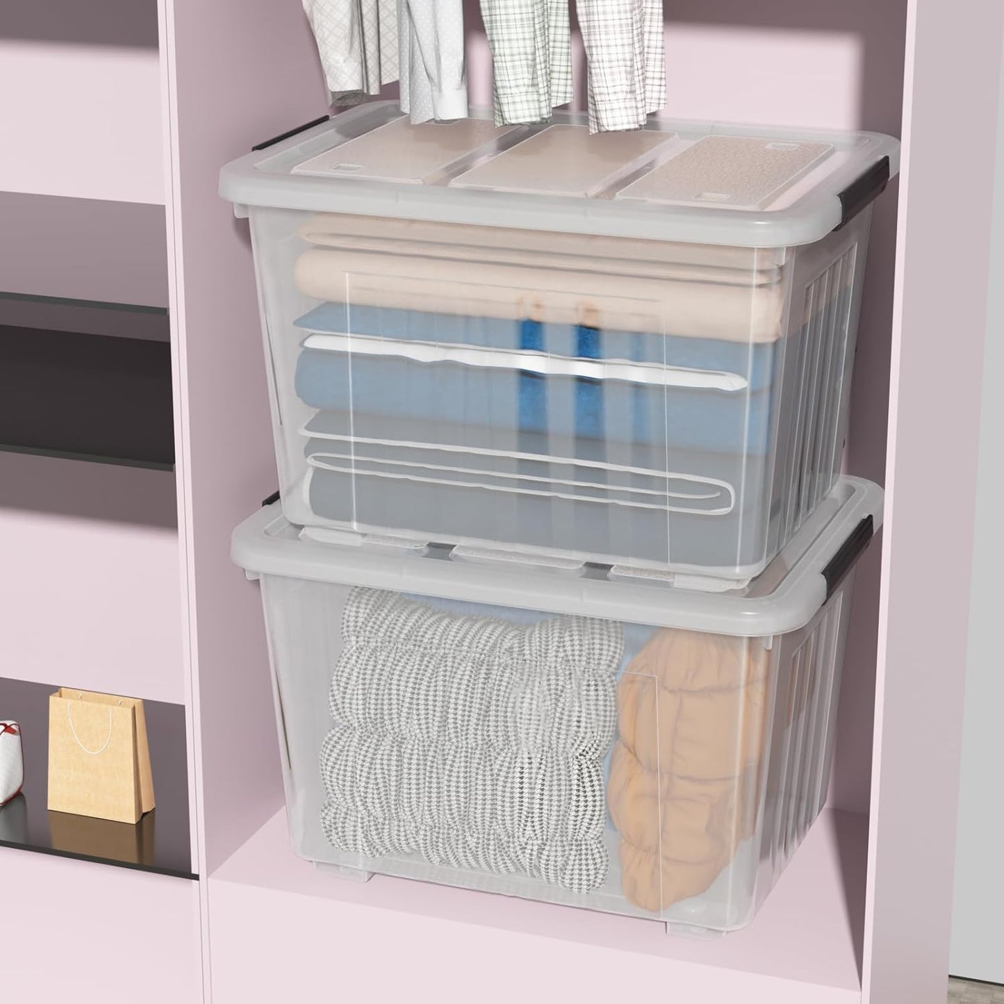 70 Quart Large Clear Storage Bins, Plastic Storage Box with Lids and Wheels, 4 Packs