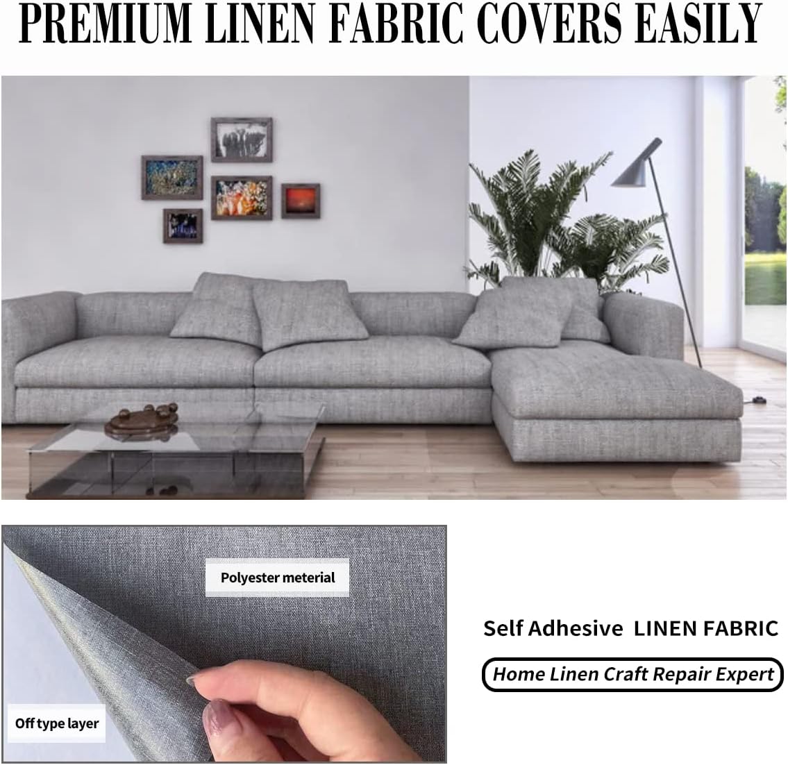 Fabric Repair Patches, 17X79 Inch Linen Repair Tape Self-Adhesive Fabric Patches Durable, DIY Large Linen Tape for Sofa, Couches, Furniture, Chair, Clothing （17X79 Inch, Black）