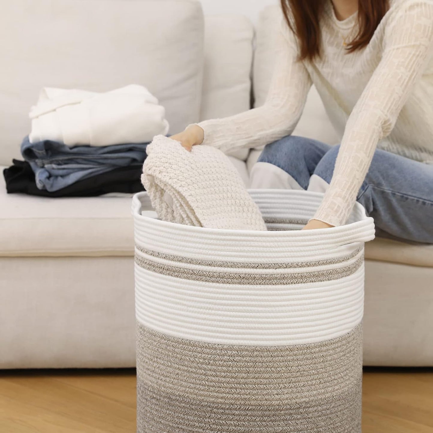 OIAHOMY 58L Laundry Baskets-Laundry Hamper, Storage Basket with Handles, Decorative Basket for Living room, Woven Storage Basket for Toys Bin, Pillows, Blankets, Clothes-18x16in-Gradient Brown