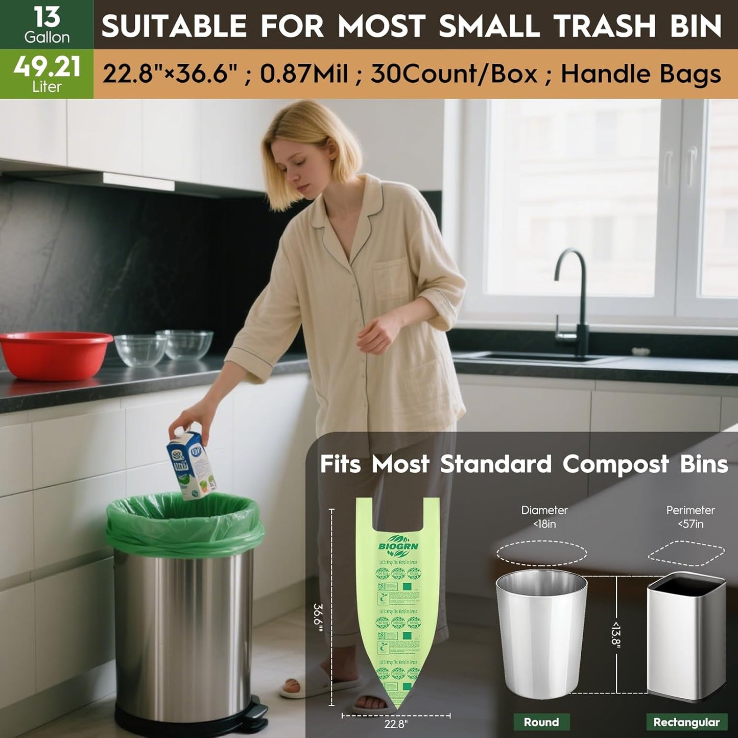 10-13 Gallon Compostable Trash Bags with Handles 30 Bags compost bags Food Scrap Green Waste Bags Thick 0.87 Mil 49.21 Liter ASTM D6400, US BPI and OK Compost Home Certified