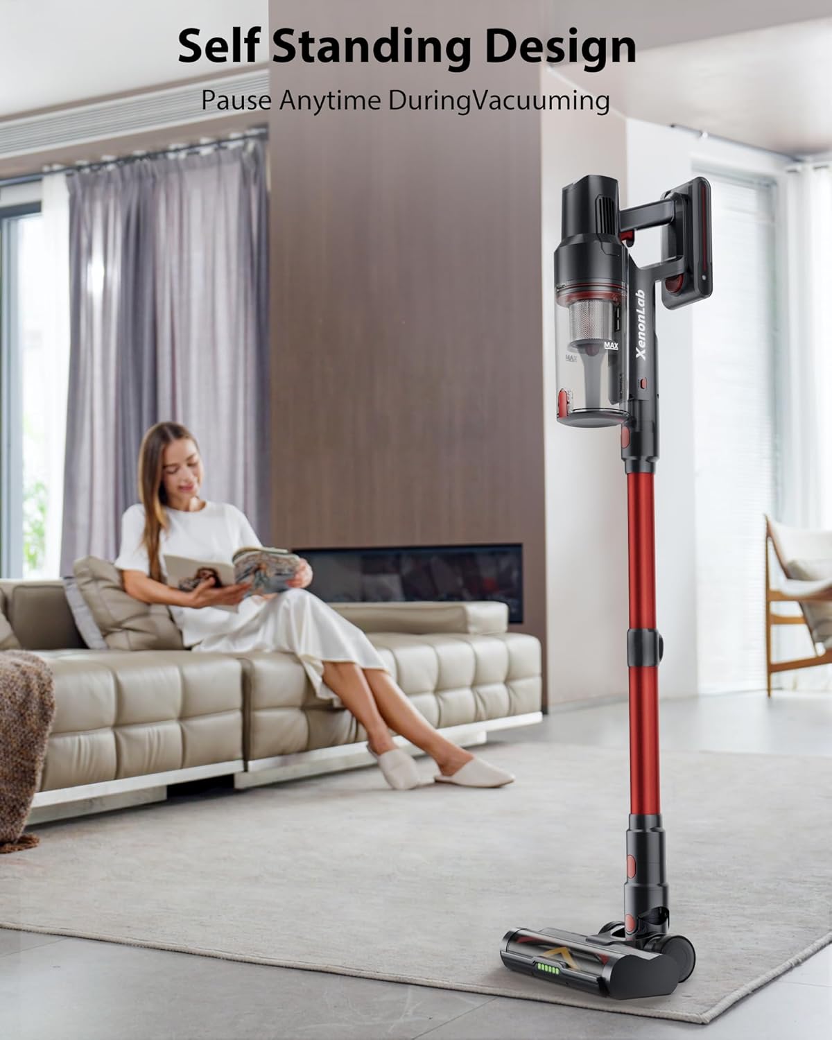 Cordless Vacuum Cleaner, 75Mins/48KPa/580W Self-Standing Vacuum Cleaners for Home, with Anti-Static&Anti-Tangle Brush, LED Touch Screen, Stick Vacuum for Carpets, Pet Hair, Hardwood Floors
