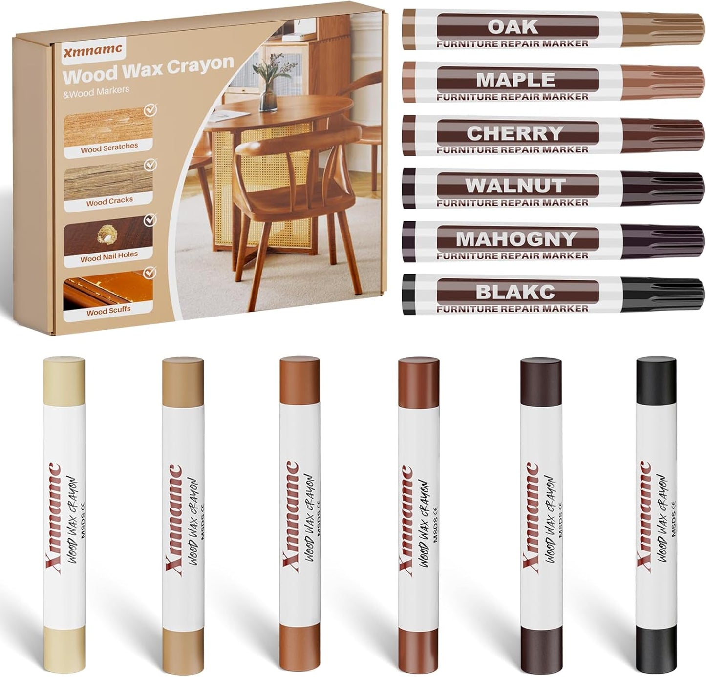 Wood Filler Sticks, 12 Colors Wood Wax Crayons Furniture Markers Touch Up for Repair Any Furniture Scratch, Scuffs, Cracks and Nail Holes on Wood Furniture, Floors, Doors, Cabinets, Tables