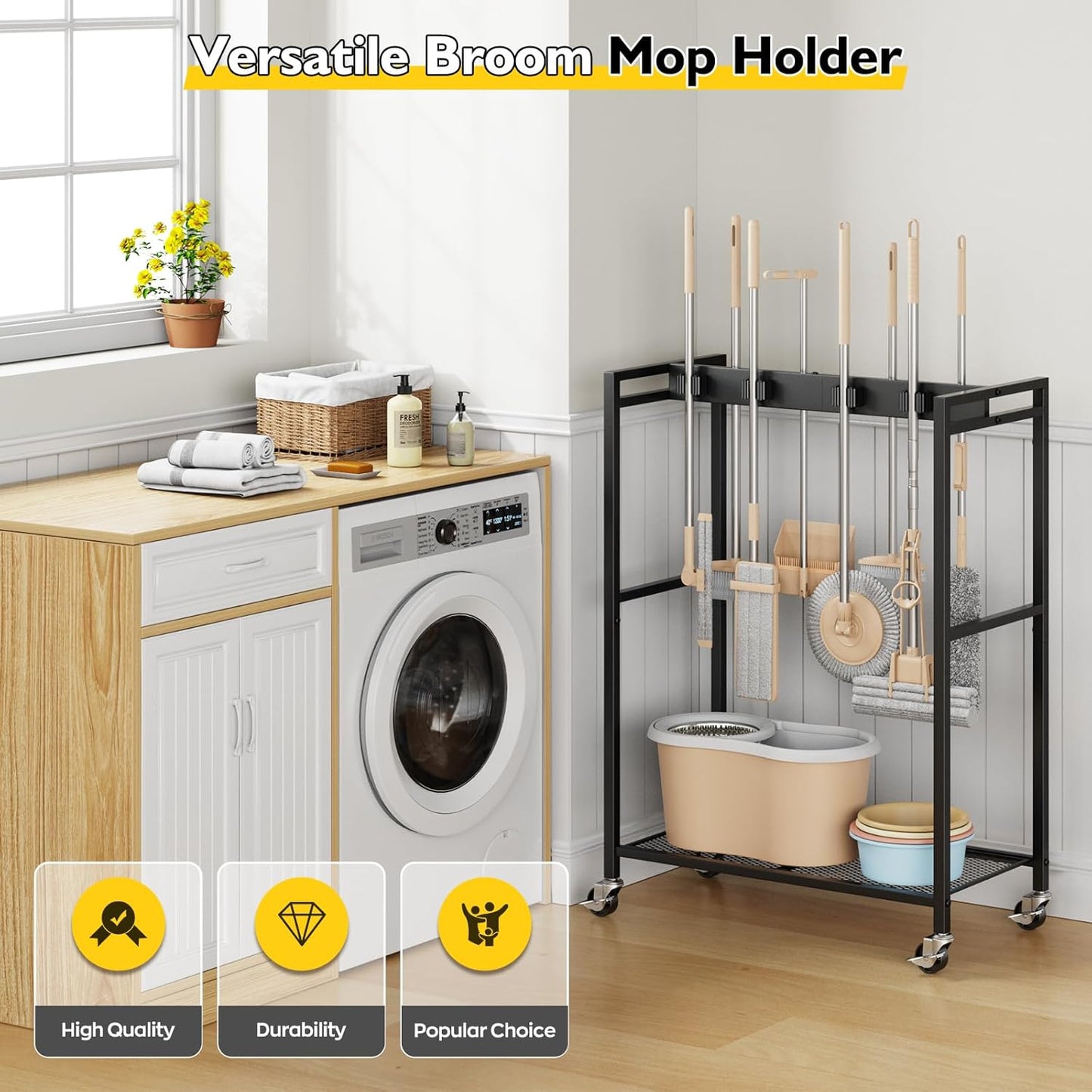 BORISI Broom And Mop Holder, Movable Broom Closet Storage Cabinet, Cleaning Cart with Mop Hanger Gripper Rack, Janitorial Cart, Utility Carts, Laundry Room Organization Home Essentials