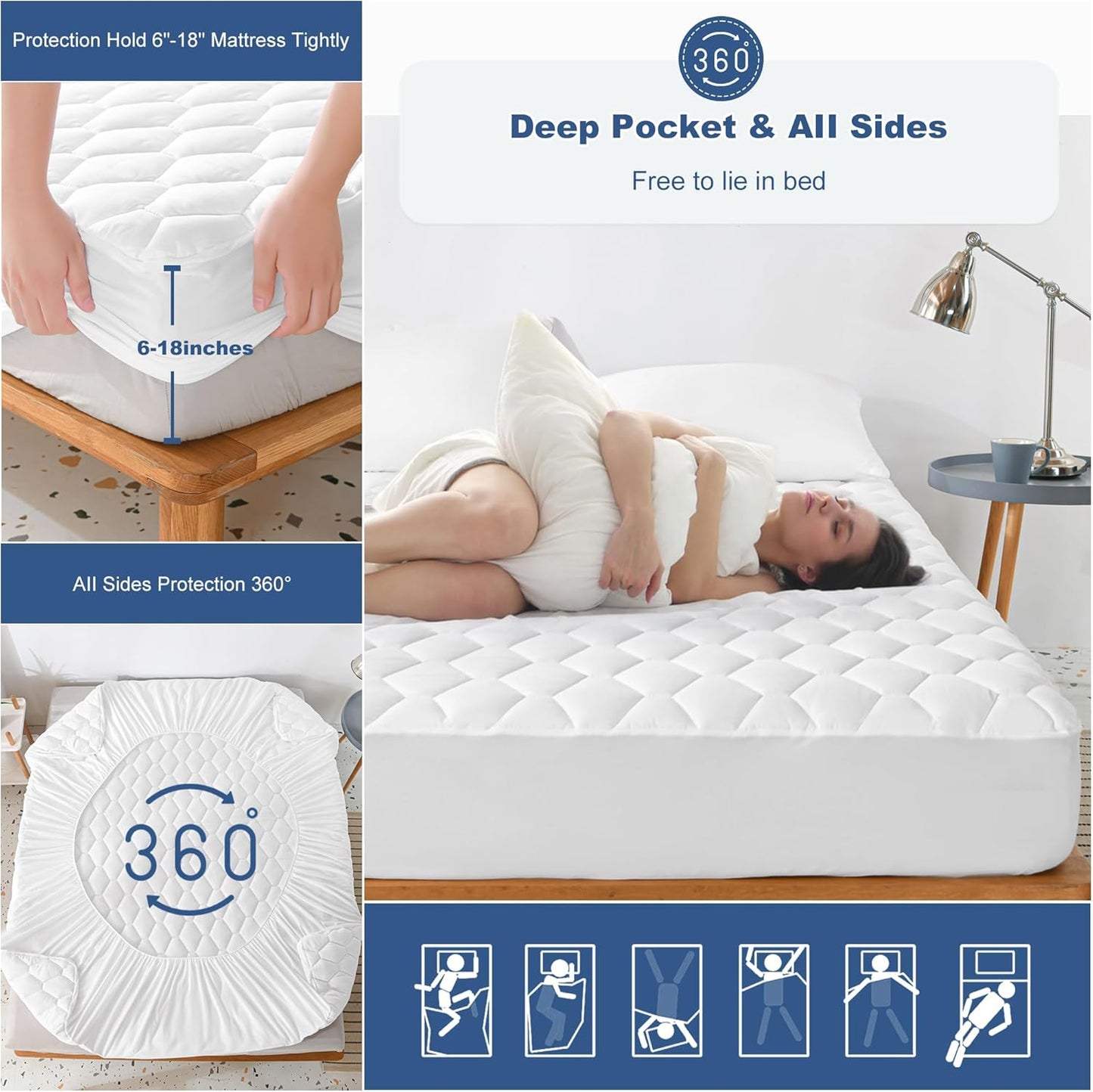 GRT Full Mattress Protector Waterproof, 100% Waterproof Quilted Fitted Mattress Pad, Noiseless Hollow Cotton Mattress Cover, fits up to 18" Deep, Dust Proof White