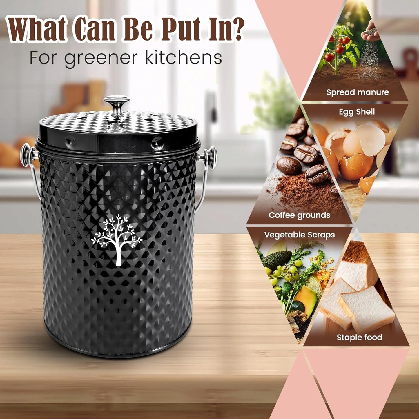 AOSION Countertop Compost Bin Kitchen，Odorless Indoor Compost Bin with Lid and Compost Bags,Compost Bucket Composter Container for Food Waste,Black