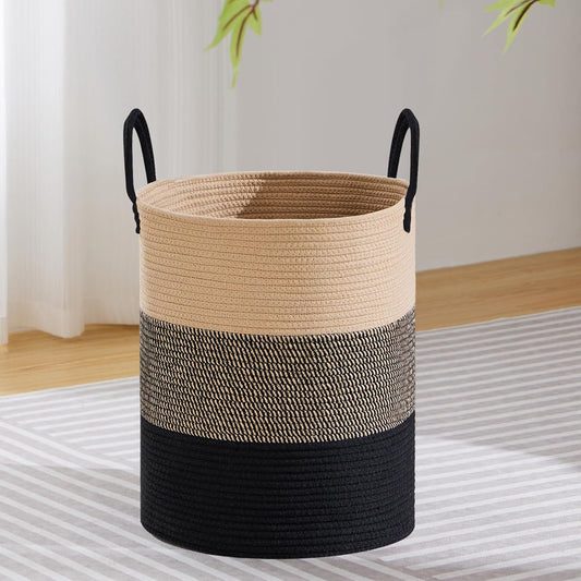 VIPOSCO Large Laundry Hamper, Tall Woven Rope Storage Basket for Blanket, Toys, Dirty Clothes in Living Room, Bathroom, Bedroom - 53L Brown & Black