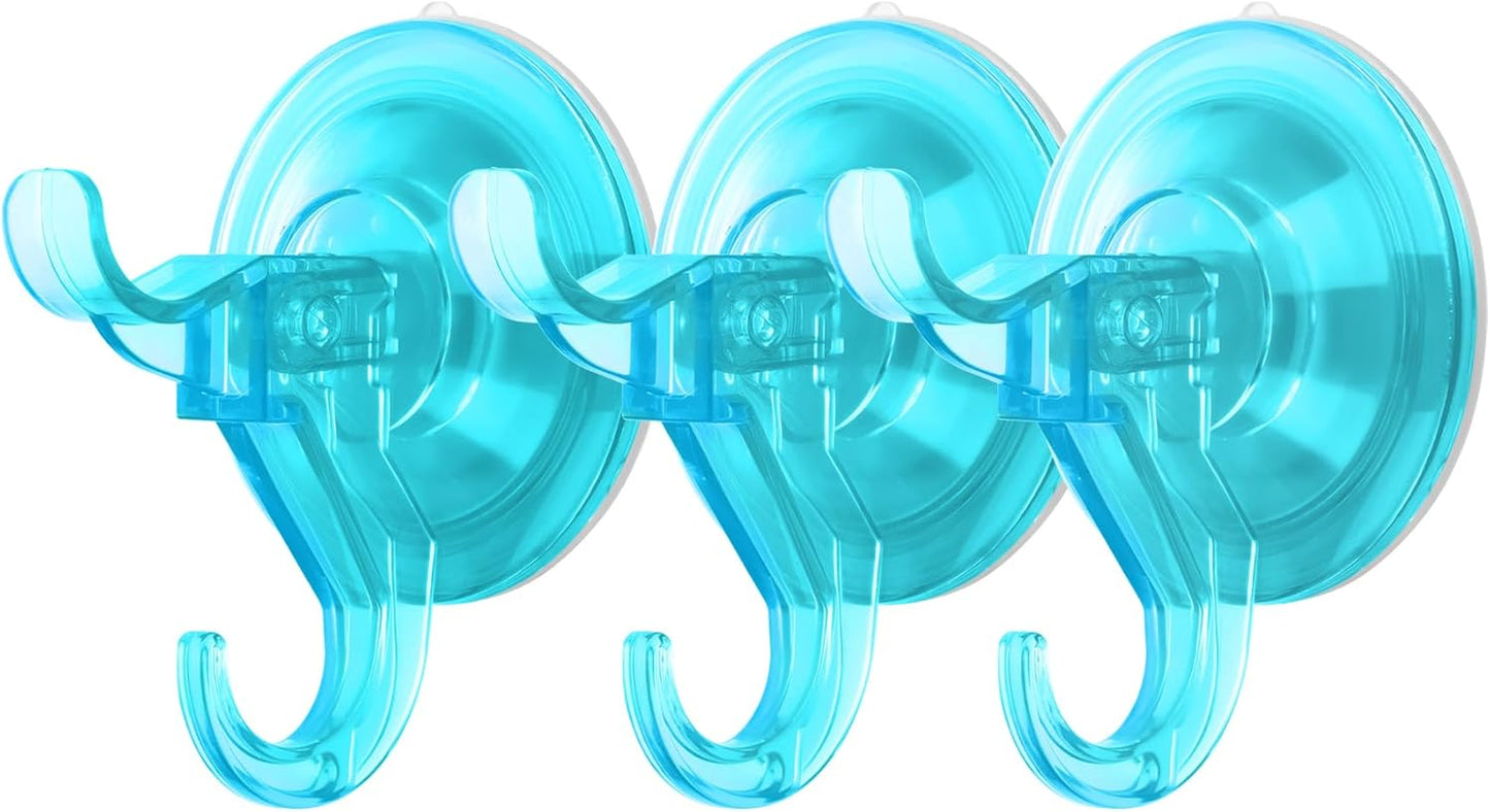 Antimbee 3 Pack Suction Cup Hooks, Clear Shower Suction Hanger, Removable Reusable Bathroom Suction Hooks for Window, Tile Wall, Glass Door-Up to 11 lbs on Smooth Surface (Transparent Cyan)