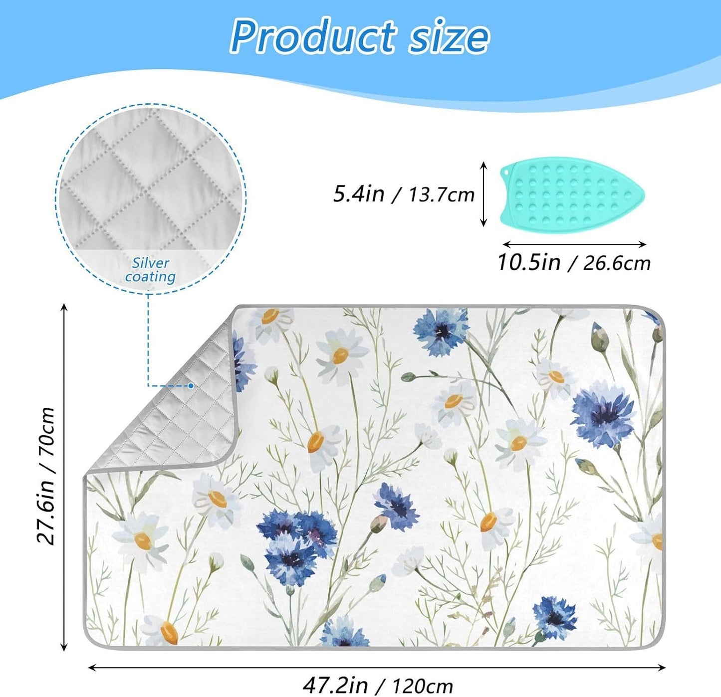 Ironing Mat Thickened Ironing Blanket Travel Portable Double-Side Using Ironing Pad Travel Isolate Heat Pad Cover for Washer Dryer Table Top Countertop (27.6x47.2in) Daisy