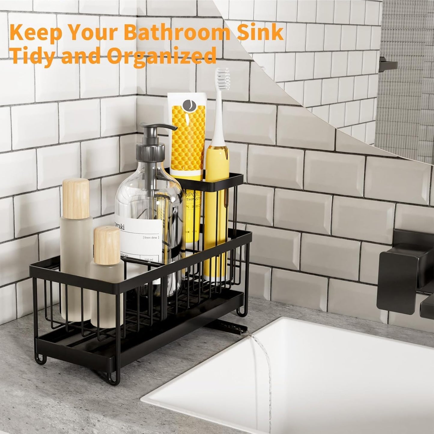 Sponge Holder for Kitchen Sink, Stainless Steel Sink Caddy with Auto Drain Tray, Kitchen Organizer with Towel Brush Holder for Countertop, Soap Dispenser Storage Accessories (Black Large)