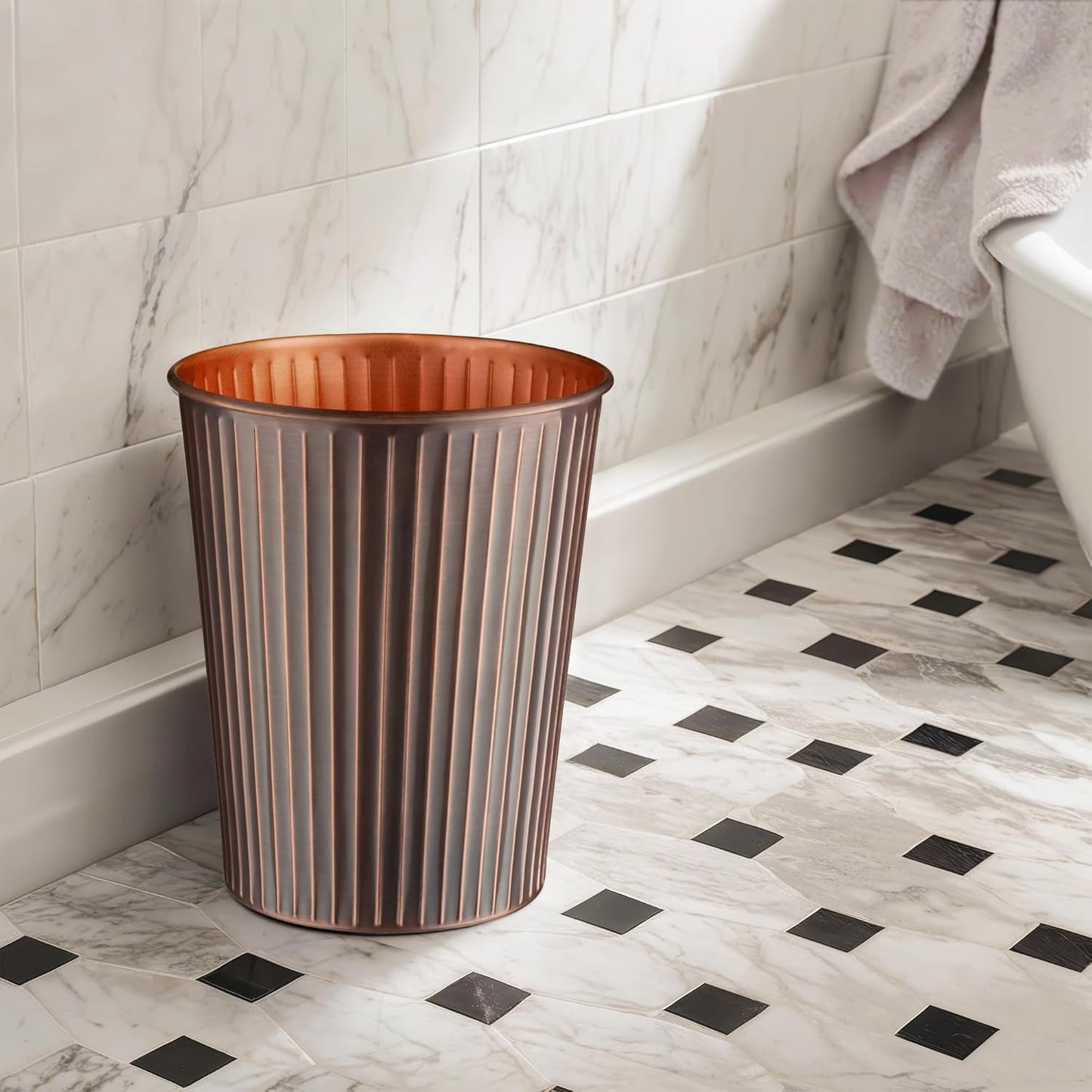 Monarch Abode Antique Copper Handcrafted Ridge Embossed Metal Wastebasket for Home Office, Decorative Waste Basket, Modern Bathroom Garbage Can, Antique Copper Trash Can