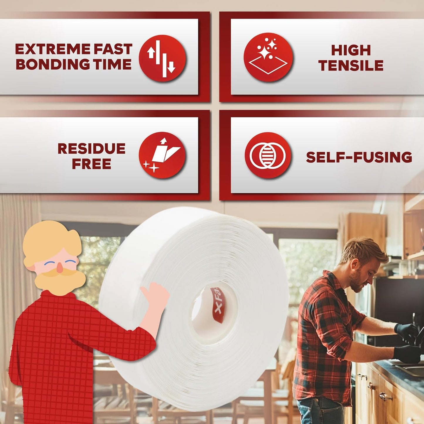 XFasten Self Fusing Silicone Tape Waterproof White– 1" x 36 Feet, Self Amalgamating Tape, Silicone Rubber for Plumbing, Sealing Pipes, Hose Repair, Outdoor Coax and Electrical Cables – Weatherproof