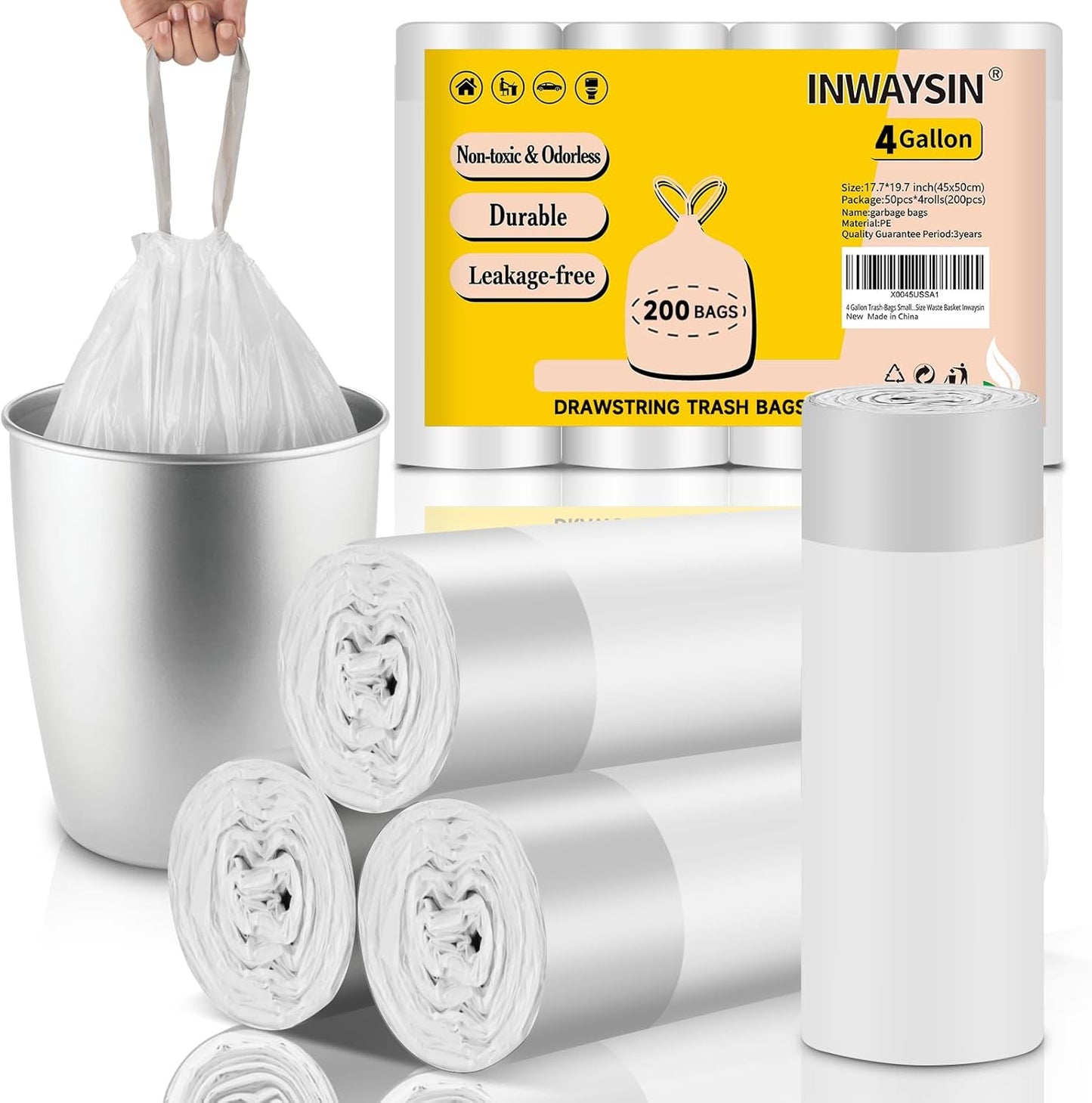 4 Gallon Trash-Bags Small-Bathroom Garbage-Bag Drawstring - Strong Kitchen White 200 Count Plastic Unscented For Can Car Disposable Recycling Office Size Waste Basket Inwaysin