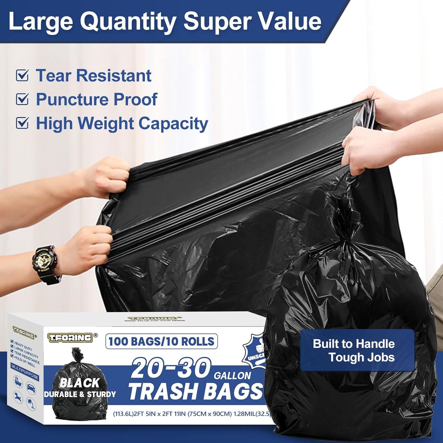 20-30 Gallon Trash Bags Black - 1.28 Mil Thick,30" x 35" Large Garbage Bags 100 Count，20+ Gallon Heavy Duty Trash Can Liners Unscented for Kitchen Home Office Commercial Outdoor