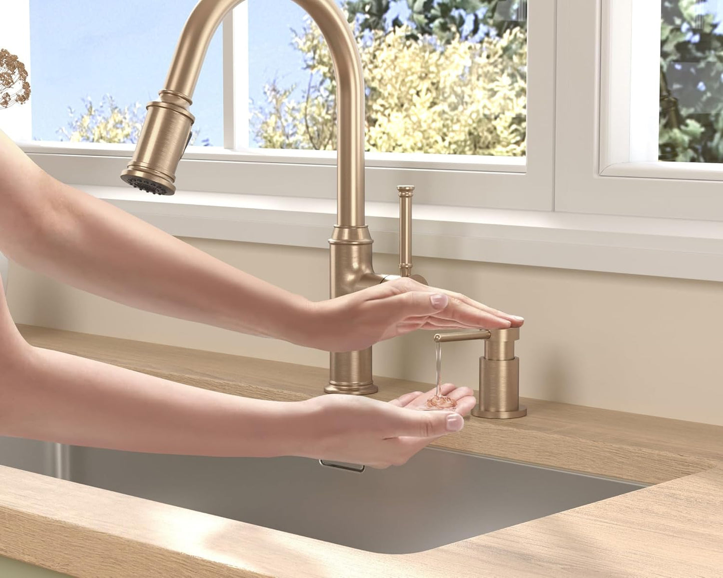 Lava Odoro Champagne Gold Soap Dispenser for Kitchen Sink, Modern Brass Built in Countertop Pump Dispenser with 18 Oz Refillable Bottle, Kitchen Soap Dispenser Spot-Free, Champagne Gold, KSD-21