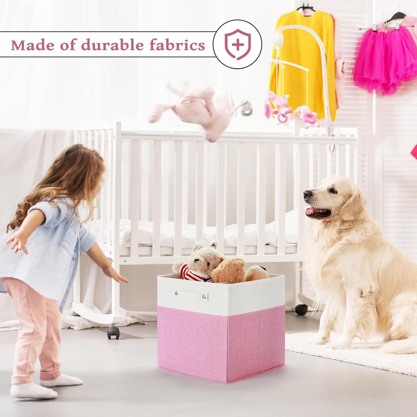 13 x 13 Inch Fine Linen Storage Bins with Handles，Fabric Cube Boxs，Collapsible Basket Organizers for Shelves for Home, Closet Drawers (White/Pink-6 Pack)