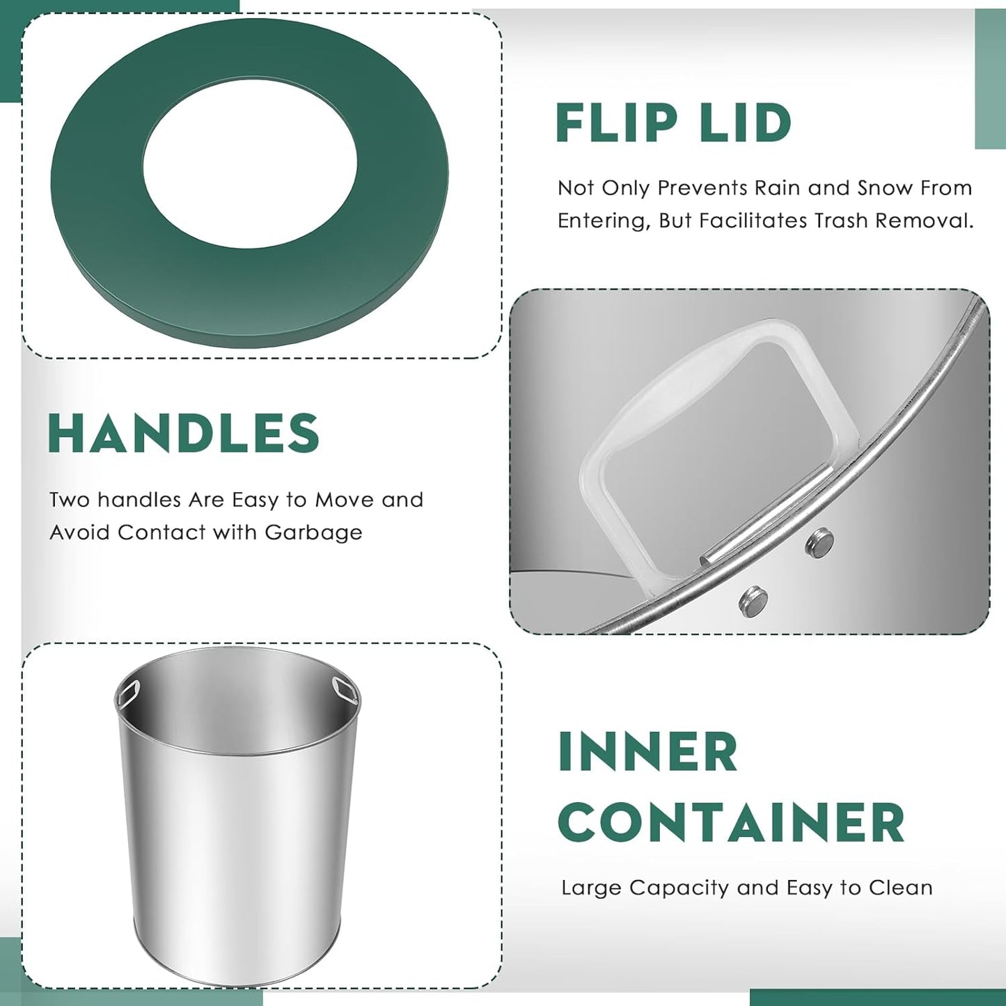 16 Gallon Round Large Outdoor Trash Can, Heavy Duty Metal Slatted Garbage Can Outdoor, All Weather Resistant Commercial Garbage Cans, Waste Receptacle in Park, School, Beach, Patio (Green, Large)