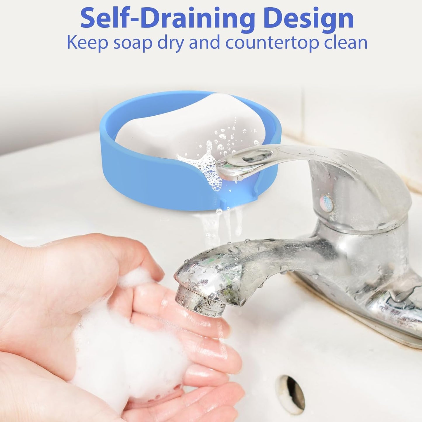 Self Draining Soap Dish, Silicone Suction Cup Soap Holder Tray Savers Container Sponge Holder for Bar Bathroom Shower Kitchen Sink, Can Extend Soap Life (1, Sky)