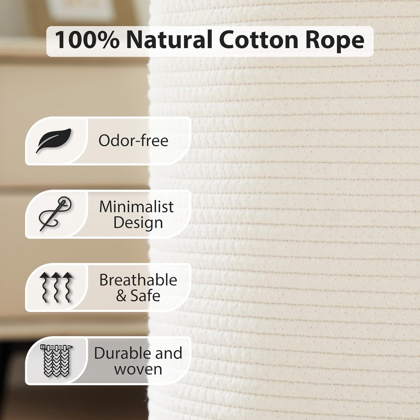 Fiona's magic Woven Rope Laundry Hamper, Tall Laundry Basket for Blanket Storage, Large Dirty Clothes Hamper for Toys, Decorative Baby Nursery Hamper for Bedroom, Living Room - White, 58L