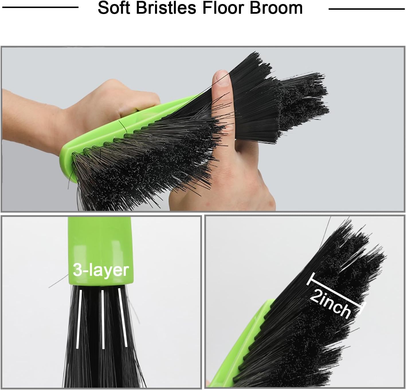 3 Packs Indoor Brooms Green Angle Broom Soft Bristles Long Handle for Hardwood Floor Sweeping