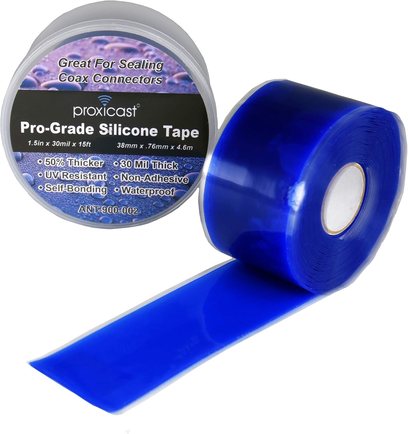 Proxicast Pro-Grade Extra Strong 30mil Weatherproof Self-Fusing Silicone Rubber Sealing Tape for Outdoor Antenna Coax & Electrical Cables, Hose/Pipe Leaks & Emergency Repairs (1.5" x 15' roll) - Blue