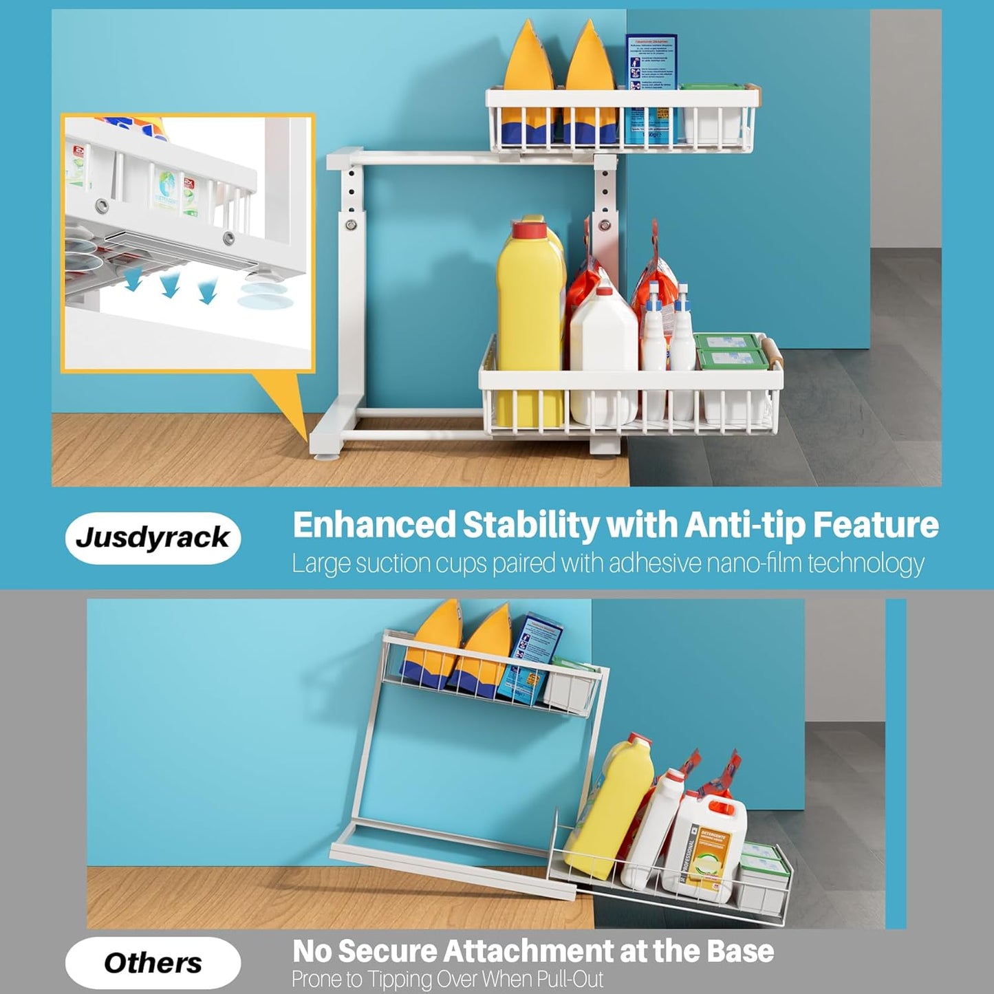 1 Packs Under Sink Organizer,Small Shelf for narrow spaces,2 Tiers Pull Out Under Cabinet Organizer,Adjustable Height,Slide Out Thickened Metal Under White