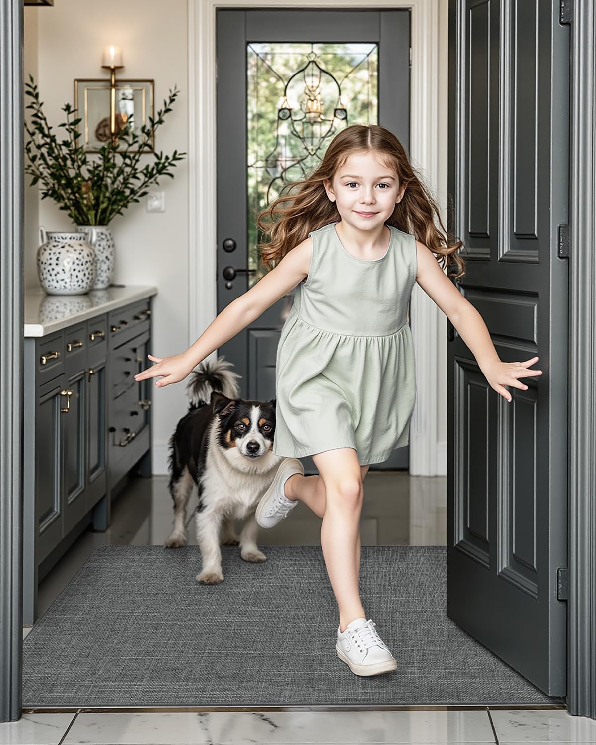 LUMI Ultra Thin Door Mat for Entryway, Low Profile Non Slip Rubber Backing Indoor Doormat, Easy Clean Welcome Entrance Mat for Inside House, Patio, Greenish Grey 20"x32"