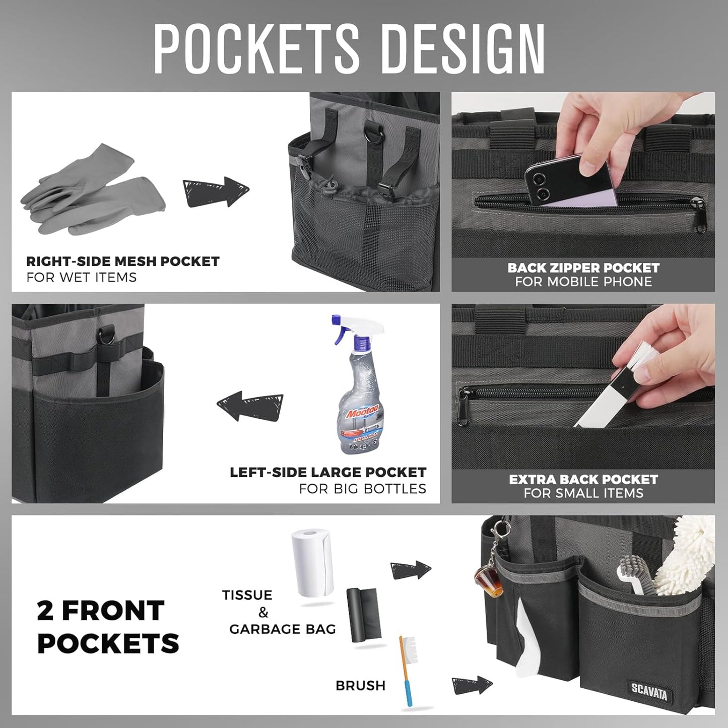 Compact Wearable Cleaning Caddy, Small Cleaning Caddy Supplies Organizer with Handle & Shoulder Straps for Housekeepers, Under Sink & Car Cleaning Tool Organizers Bag (DarkGrey)