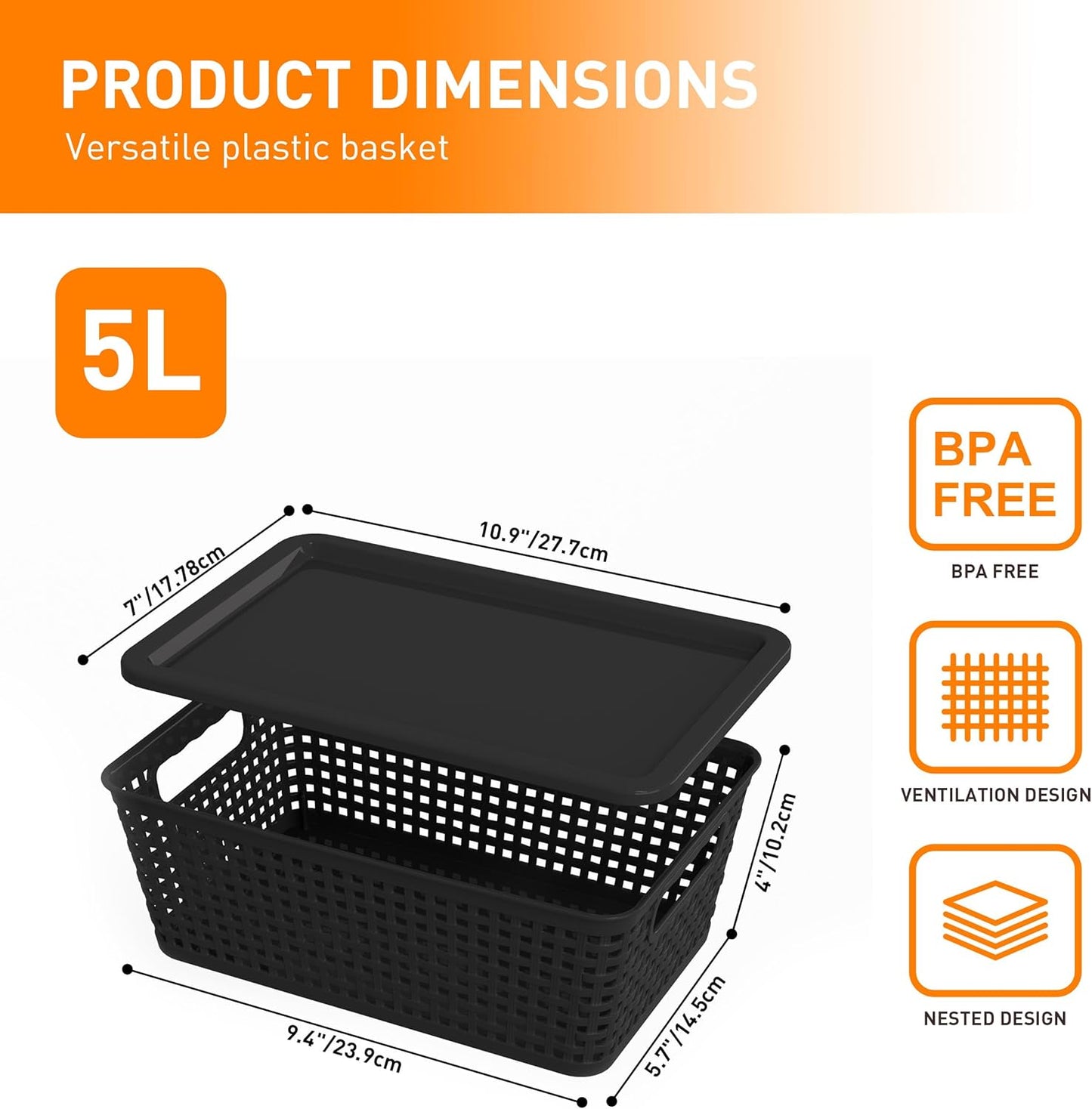 Plastic Storage Baskets With Lid, Storage Bins for Organizing, Stackable Decorative Containers for Shelves Drawers Desktop Closet Playroom Classroom Office, 6 Pack-Black