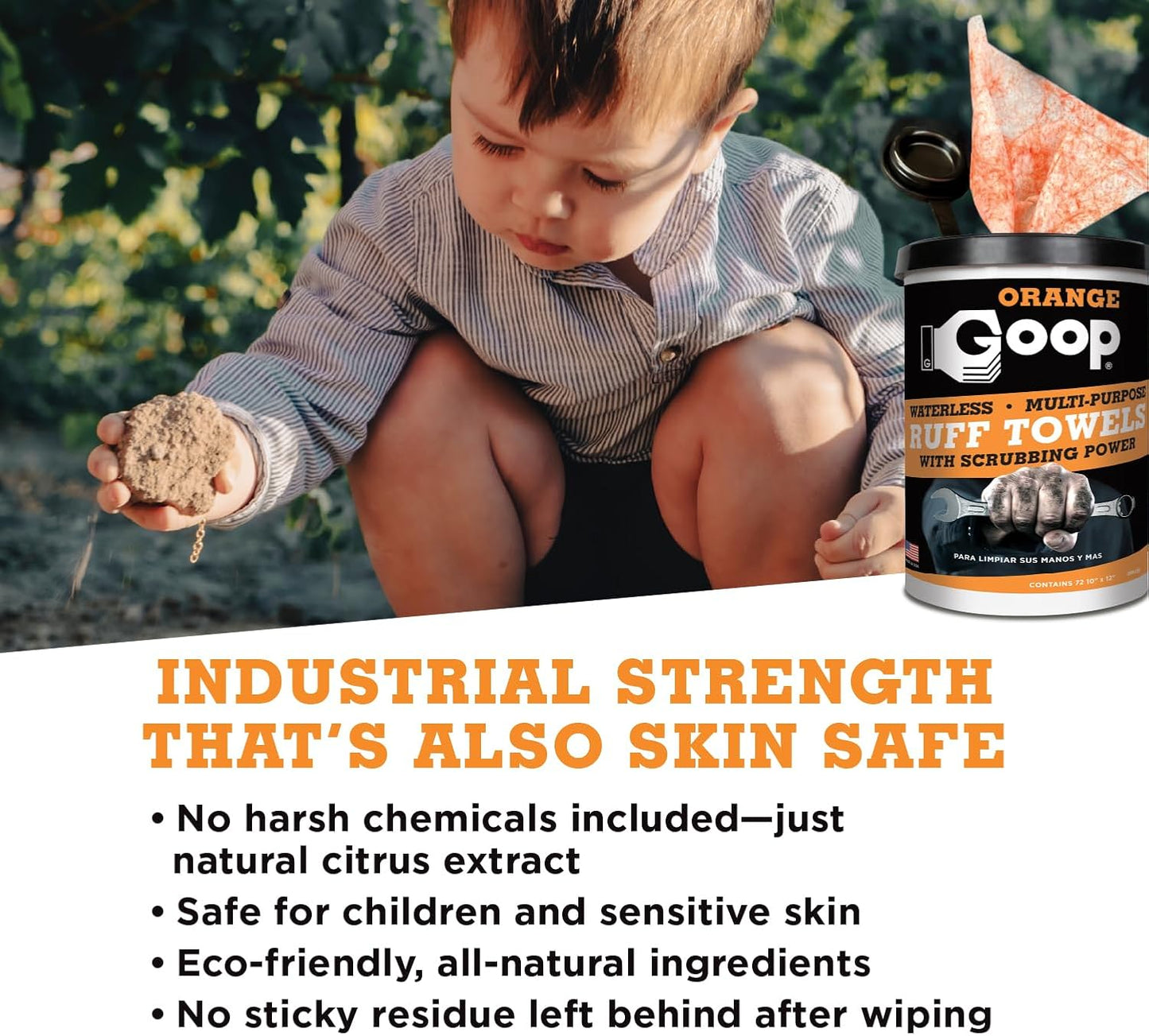 GOOP Orange Heavy Duty Ruff Towels with Scrubbing Power, 10” x 12” Dual Textured Multi-Purpose Cleaning Wipes, Removes Dirt, Grease, Oil, 72 Count