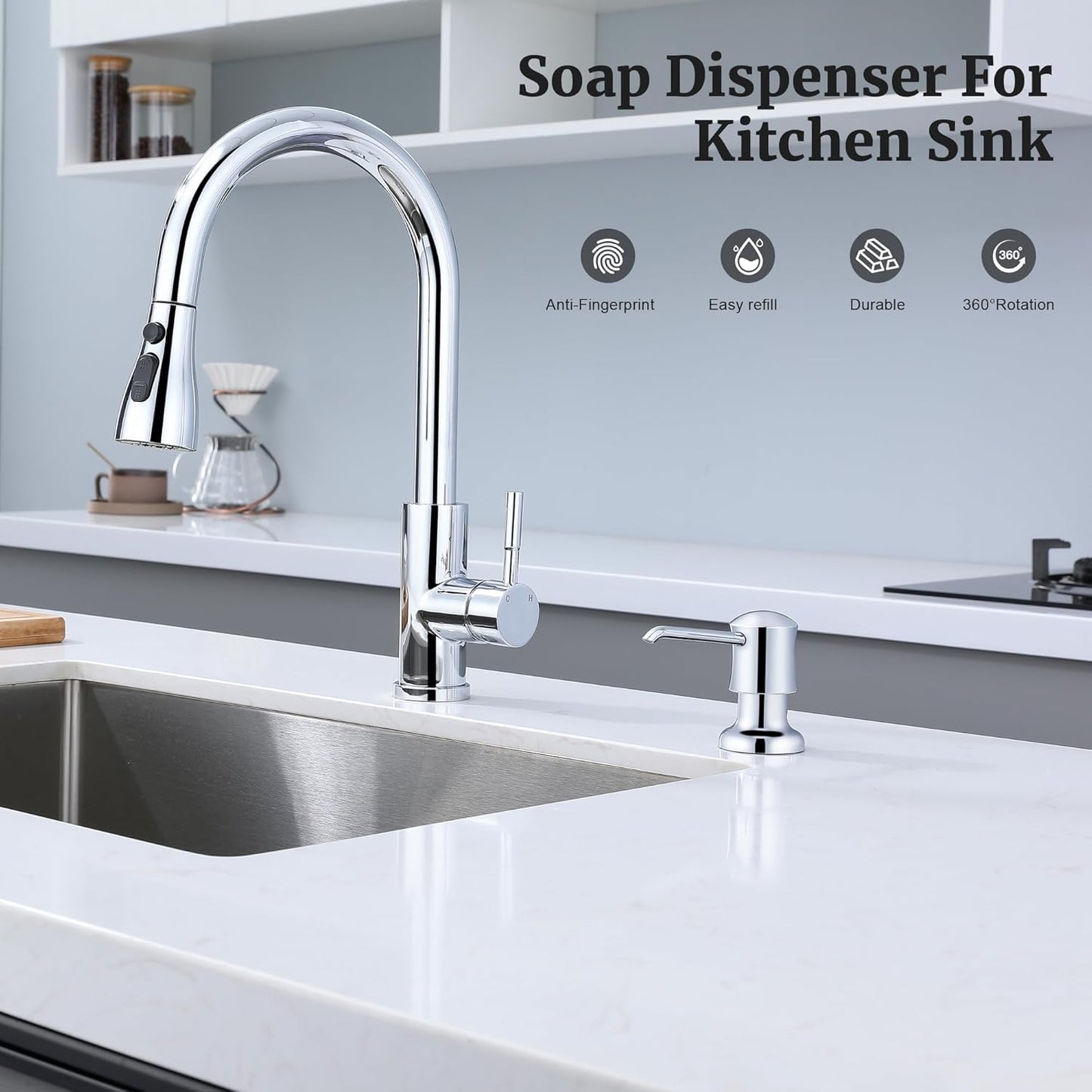 Sink Soap Dispenser for Kitchen Sink Chrome Upgrade with 40" Silicone Extension Tube Kit, Connect to Your Soap Bottle Directly