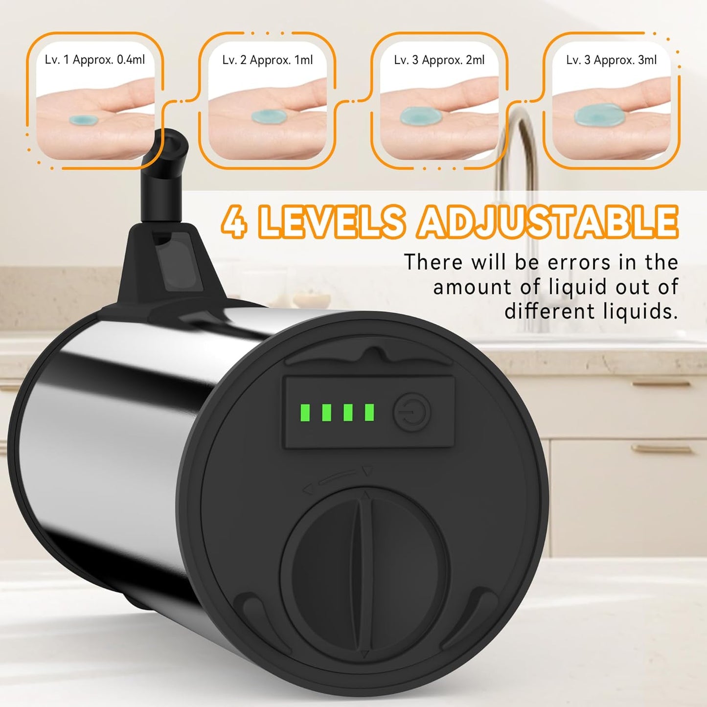 Automatic Soap Dispenser,Stainless Steel Material, Rechargeable Touchless Hand Sanitizer Pump,4 Adjustable Levels Smart Electric Dispenser,Suitable for Bathroom,Kitchen (Battery Silver)