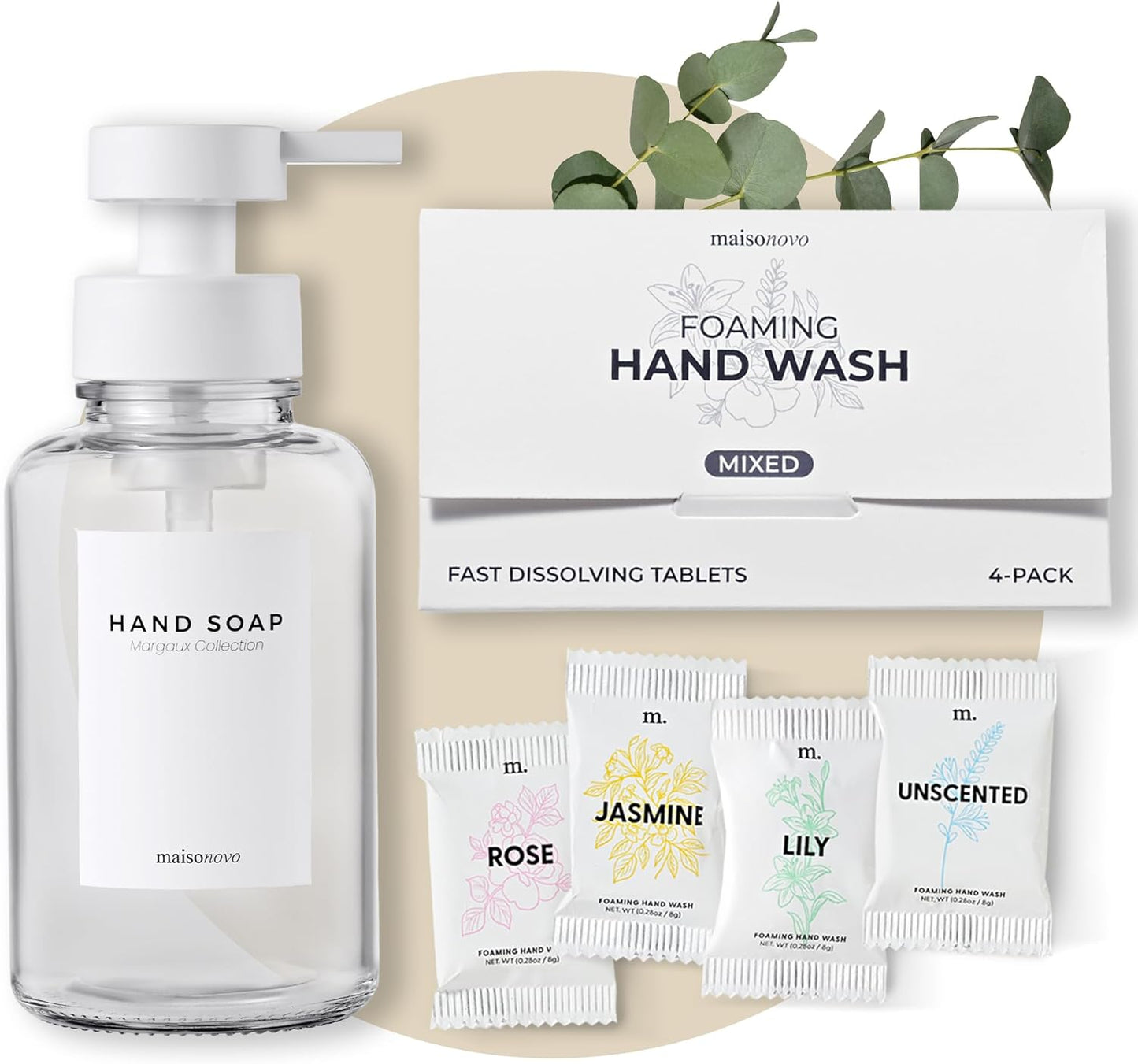 MaisoNovo 14 oz Clear Glass Foaming Soap Dispenser with White Pump + Mixed 4 Pack Foaming Hand Soap Refill Tablets