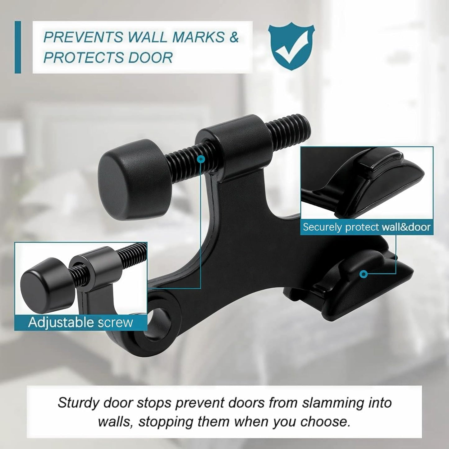 4 Pack Hinge Pin Black Door Stopper, Adjustable Heavy Duty Hinge Pin Door Stop with Black Rubber Bumper Tips