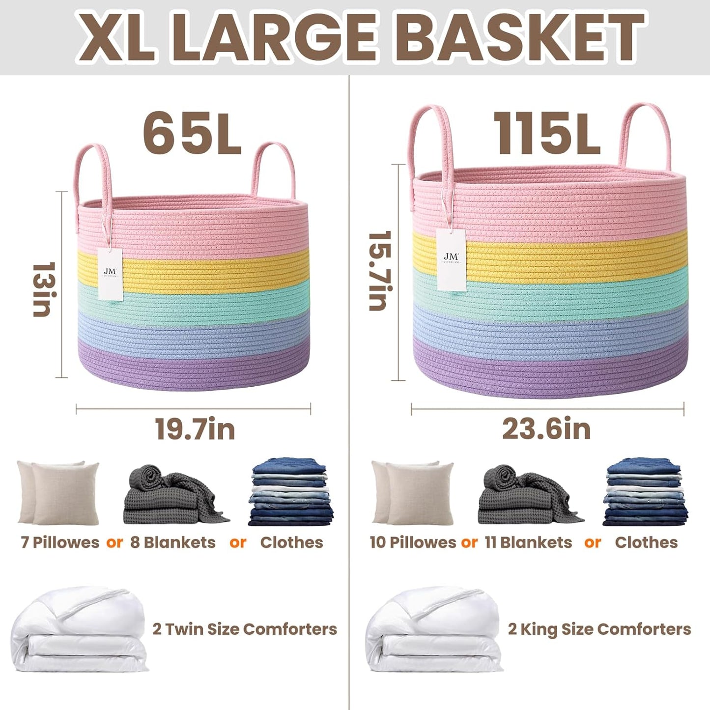 Woven Blanket Basket,115L Large Rope Storage Bin with Handles, Organizer for Blankets Toys Book and Clothes, Laundry Basket for Living Room Bedroom Nursery,Rainbow