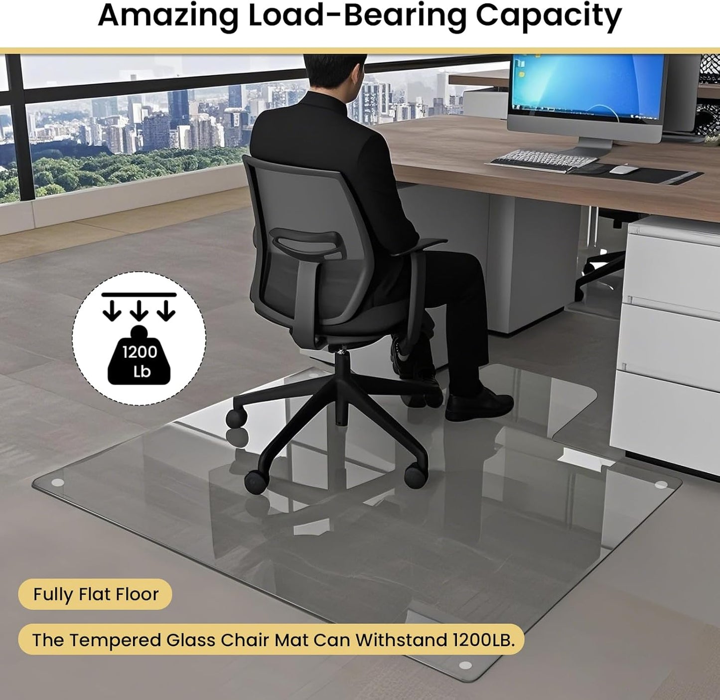 VSARHouse Irregular Tempered Glass Office Chair Mat with Lip, 53"x45" Glass Floor Mat for Carpets or Hard Floors, with Tabbed and Non-Slip Pads, Effortless Rolling, Thick 0.2"