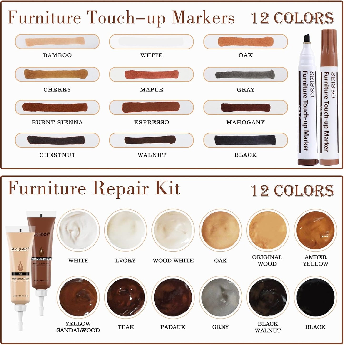 SEISSO Wood Furniture Repair Kit, Wood Filler and Touch Up Markers, Set of 28 Laminate Vinyl Floor Repair Kit for Scratches, Cracks, Holes, Discoloration for Door, Floor, Table, Cabinet