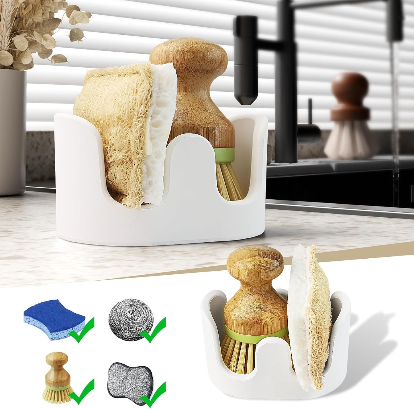 Double Sponge Holder, 2 Slot Diatomite Stone Sponge Holder, Absorbent Sponge Stand for Kitchen Sink, Quick Dry Sponge Caddy Kitchen Sink Organizer, White