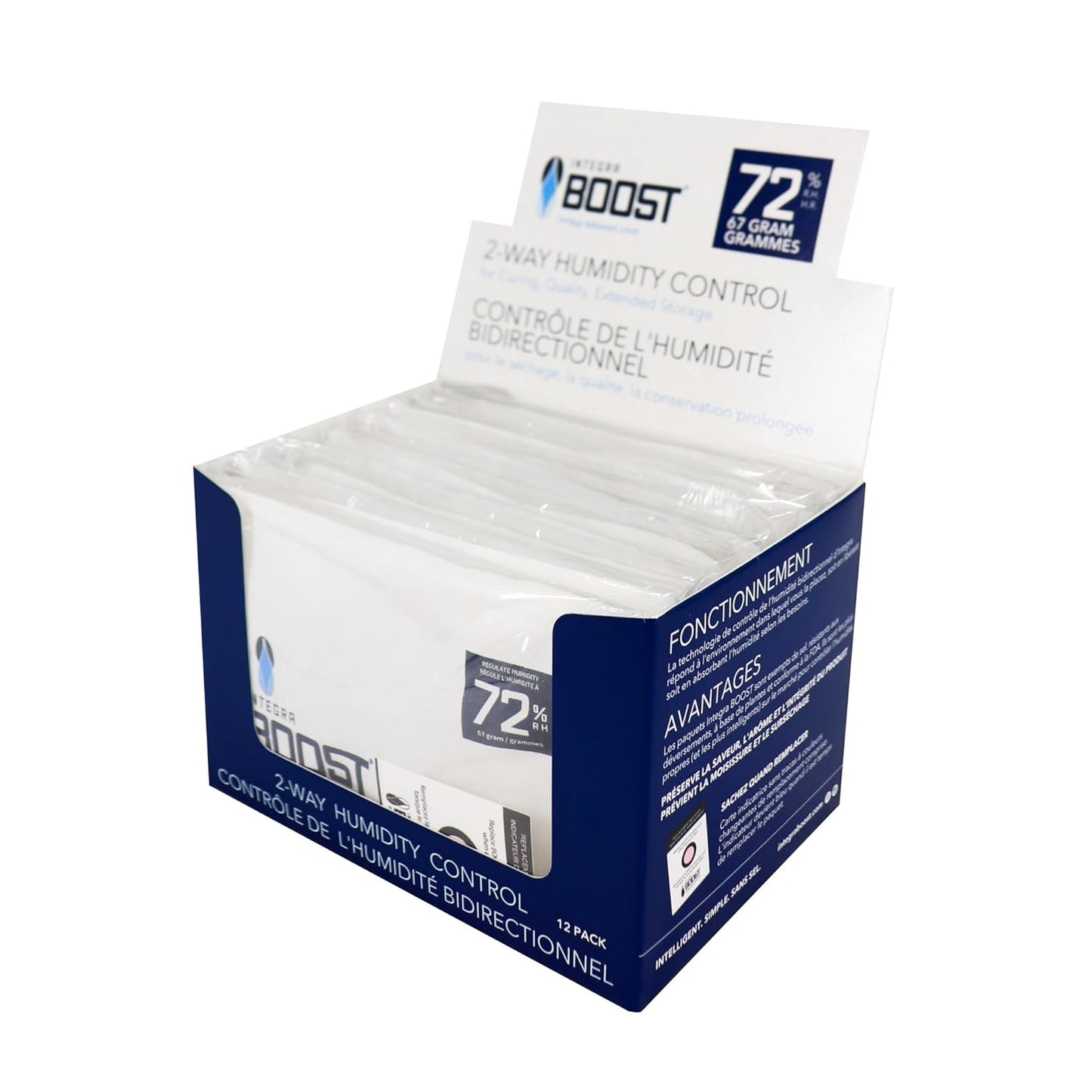 Integra Boost - 72% RH Level - 67 Gram Size - Two-Way Humidity Control Pack - Incl. Replacement Indicator Cards - Food Storage & Herbs Moisture Balancer For Up to 1 LB (Pack of 12)