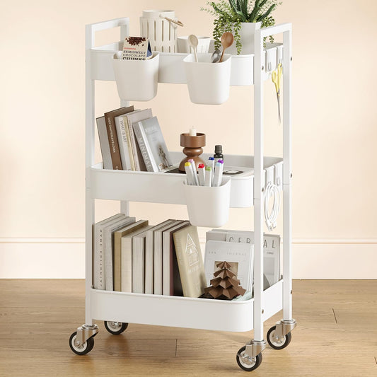 3 Tier Rolling Cart,Utility Cart with Locking Wheels, Hanging Cups,&Hooks, Heavy Duty Metal Storage Organizer Cart for Kitchen,Office, Bathroom,Craft Room,White