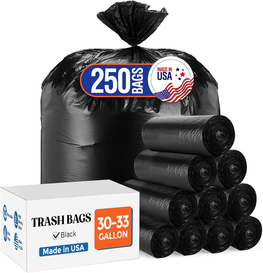 Delxo 30-33 Gallon Black Trash Bags, 250 Count – Medium Duty Garbage Bags, Thick, Durable & Puncture-Resistant Plastic Bolsas para basura, Perforated Design– Made in USA for Kitchen, Yard, Office
