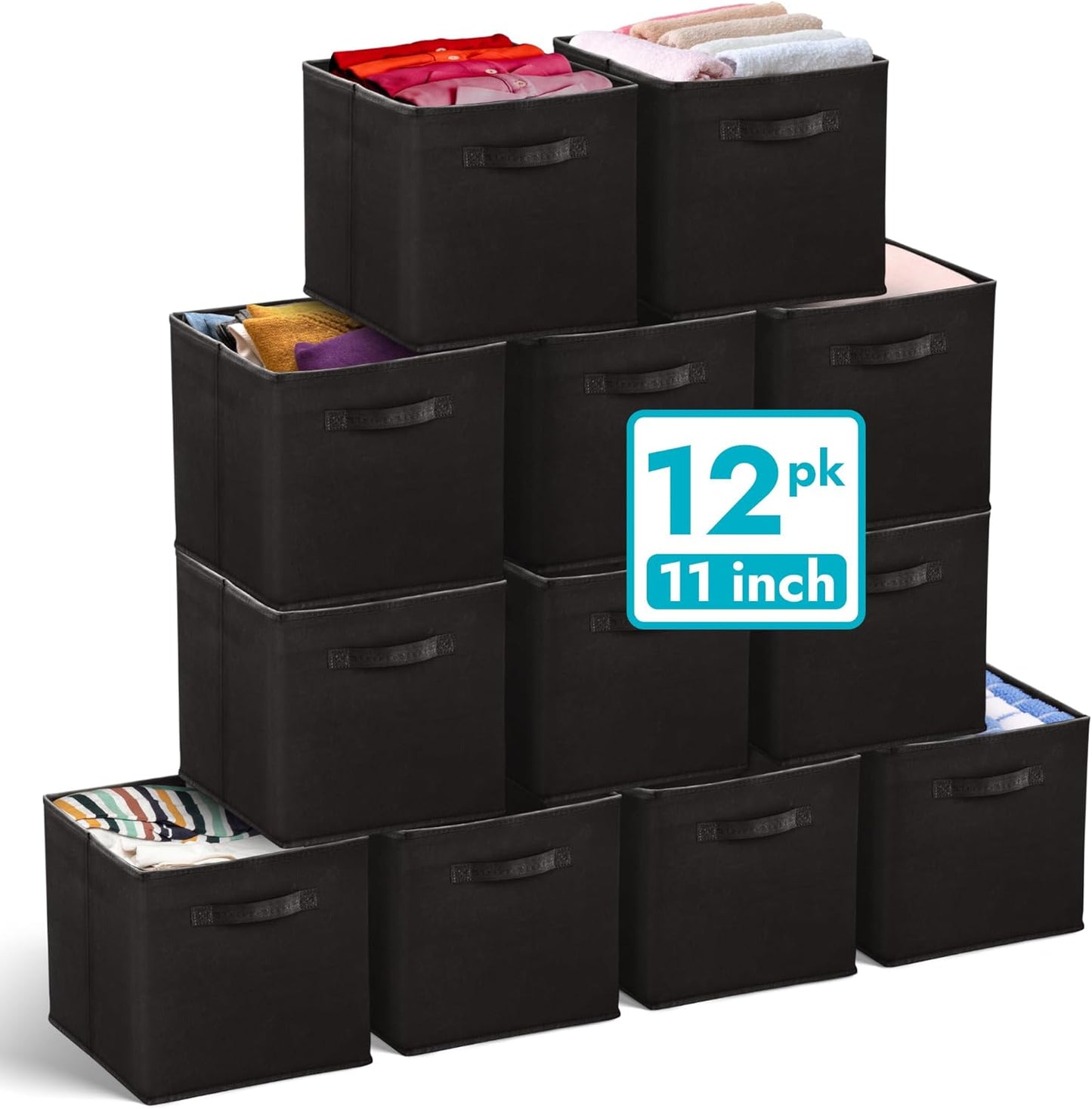 Reli. 11 Inch Cube Storage Bins (12 Pack) | Cube Organizer Bins | 11x11 Fabric Storage Boxes | Collapsible, Foldable Fabric Cubby Box (Square) | Bedroom, Office, Home Organization