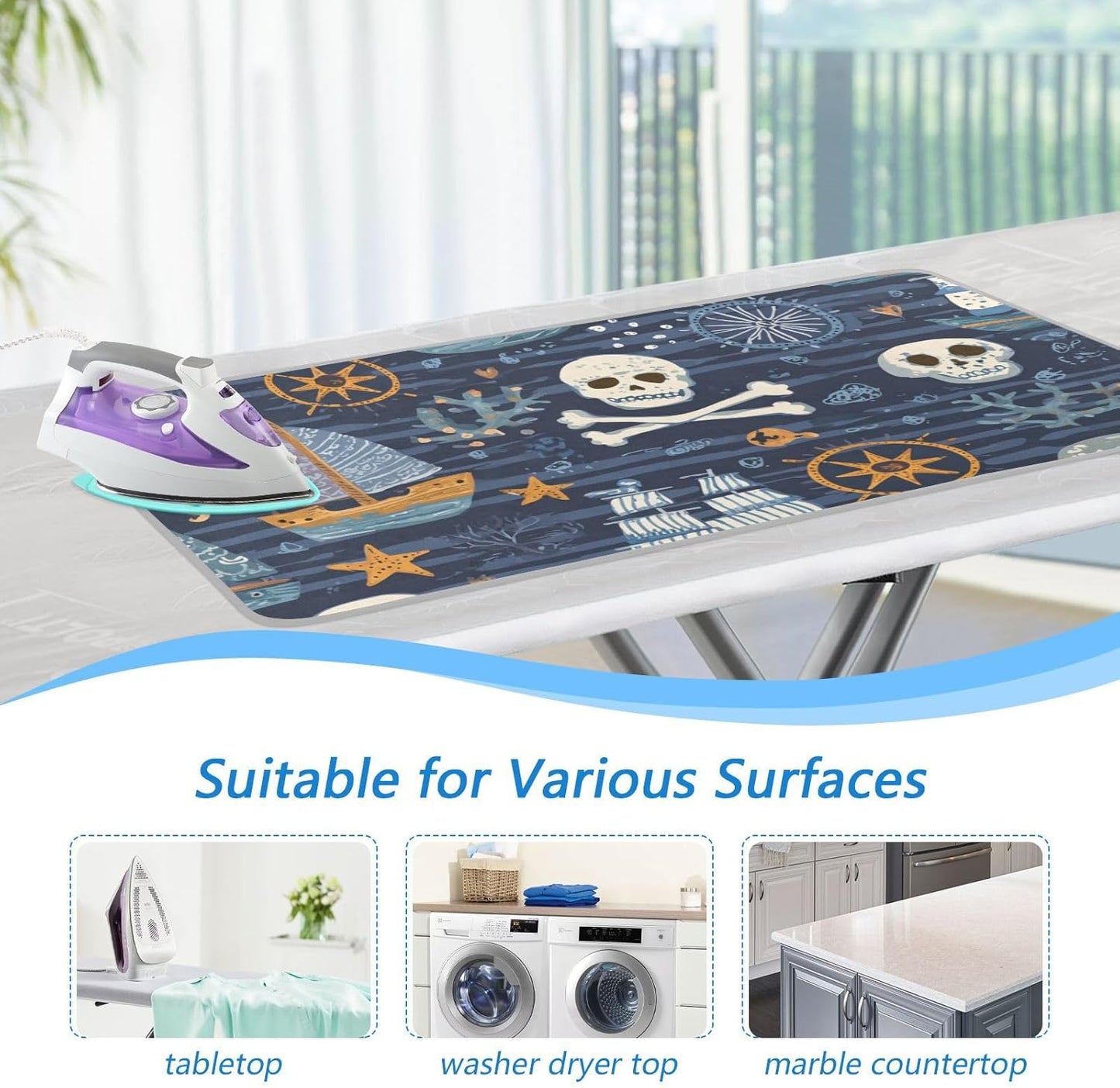 Ironing Mat Portable Ironing Pad Ironing Blanket for Table Top Heat Resistance Double-Side Using Travel Large 47.2 x 27.6 Inch Foldable Blue Pirate Skulls Sailboats Starfish and Compass