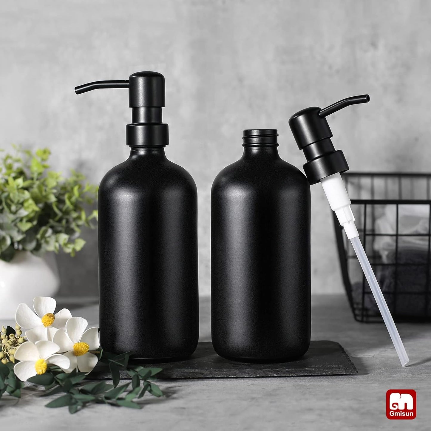 GMISUN Black Soap Dispenser, 2 Pack Matte Black Hand Soap Dispensers for Bathroom, 17 Fl Oz Glass Dish Soap Dispensers for Kitchen with Stainless Steel Pump, Modern Liquid Soap Bottle